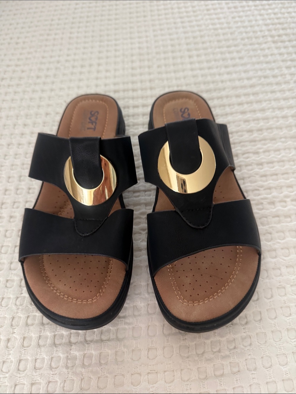 Black Slip-On Sandals with Gold Accent